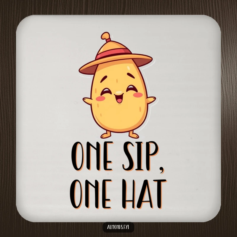 Funny coasters featuring a mischievous almond character balancing a tiny hat, protecting furniture with playful charm.