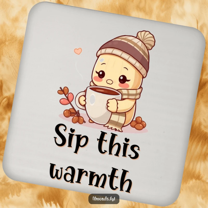 Funny almond in winter hat and scarf, holding a hot coffee cup, on a drink coaster.