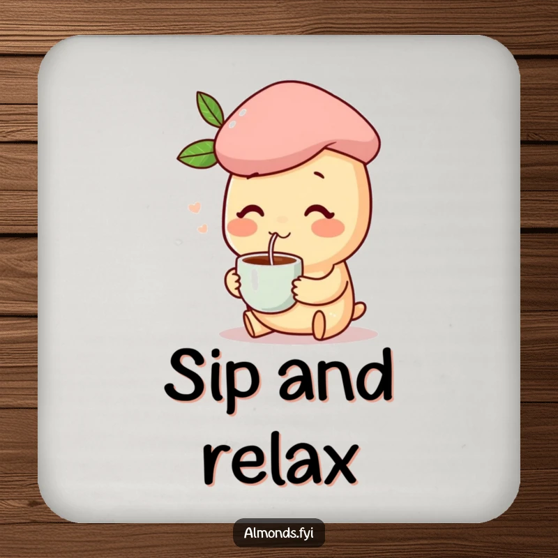 Funny drink coaster with a happy almond character wearing a beret and holding a coffee cup, a humorous addition to any table.