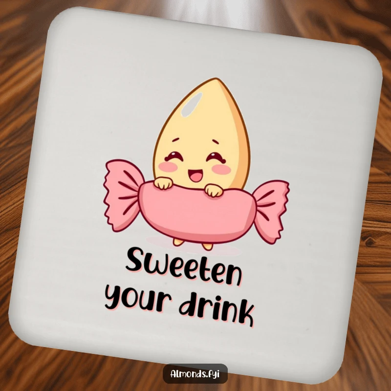 Funny almond character giggling behind a giant candy wrapper on a drink coaster, adding sweet humor.