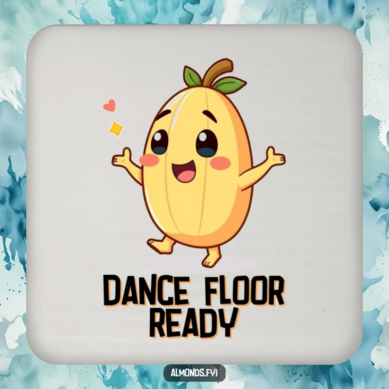 Funny Drink Coaster featuring a giggling almond character in a funny dance, providing humorous surface protection.