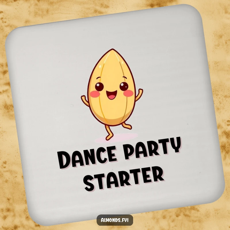 Funny drink coaster with a happy almond character doing a little jig, its shell wiggling with infectious fun.