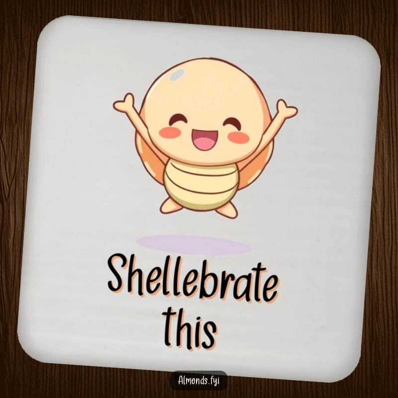 Funny Coaster: A happy shell character captured mid-jump, bringing joy to your drink.