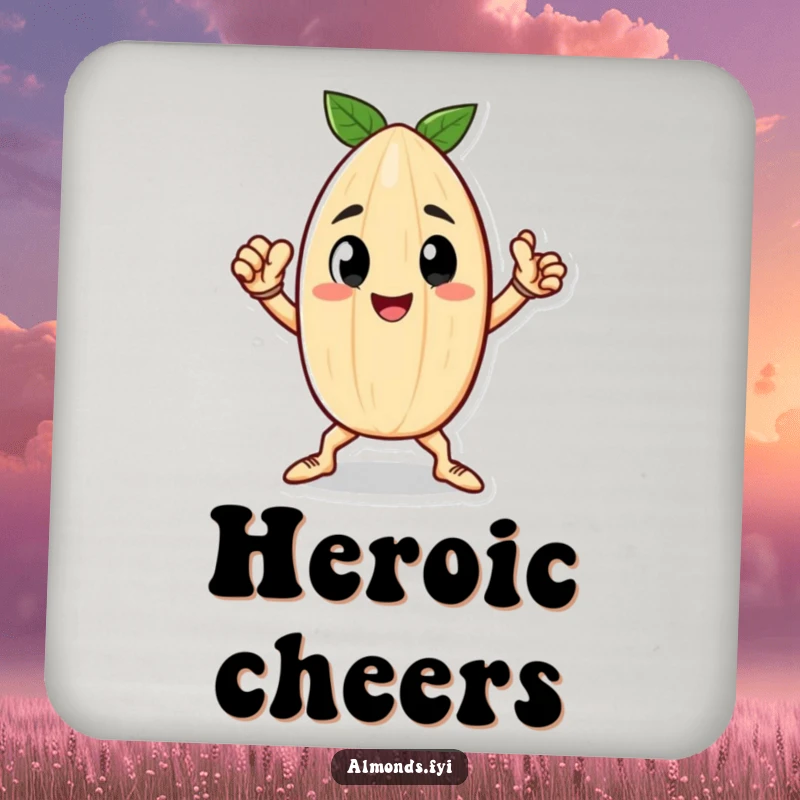 Funny drink coaster featuring a happy little almond character striking a heroic pose, adding motivational humor.