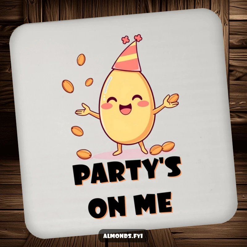 Funny drink coaster depicting a happy almond character in a party hat, juggling smaller almonds, perfect for protecting tables with humor.