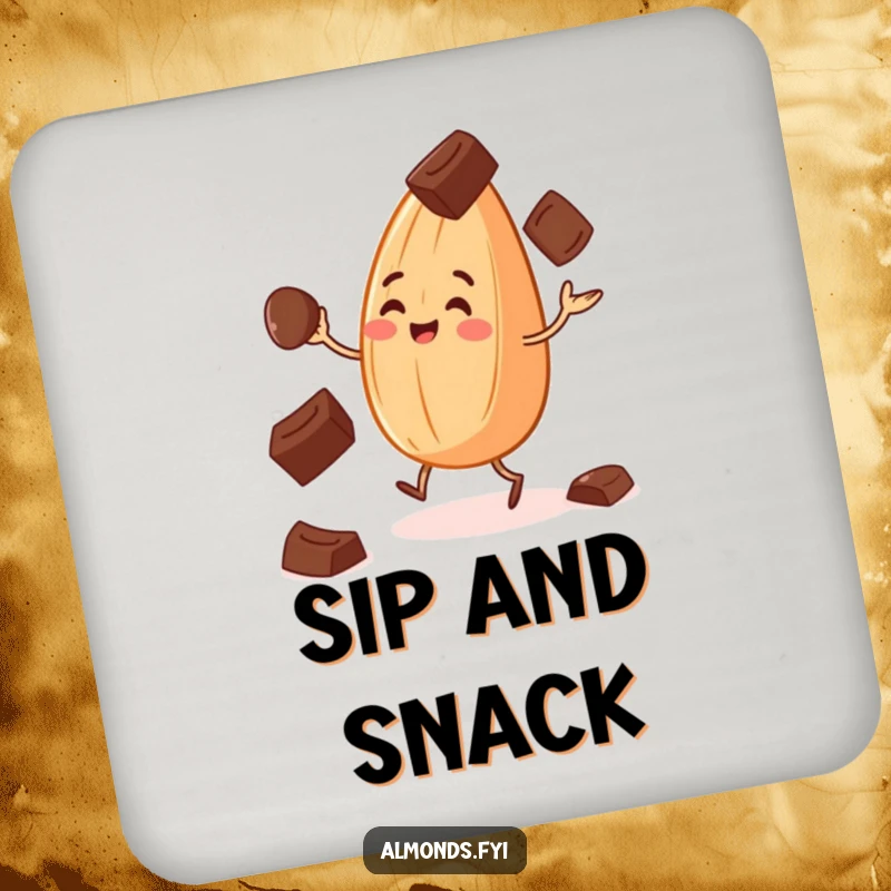 Funny coaster featuring a cheerful almond juggling chocolate chips, adding humorous decor.