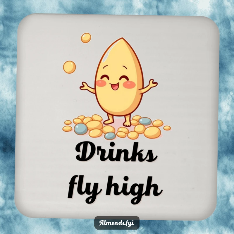 Funny coasters featuring a giggling almond character juggling small pebbles, protecting furniture with nutty charm.