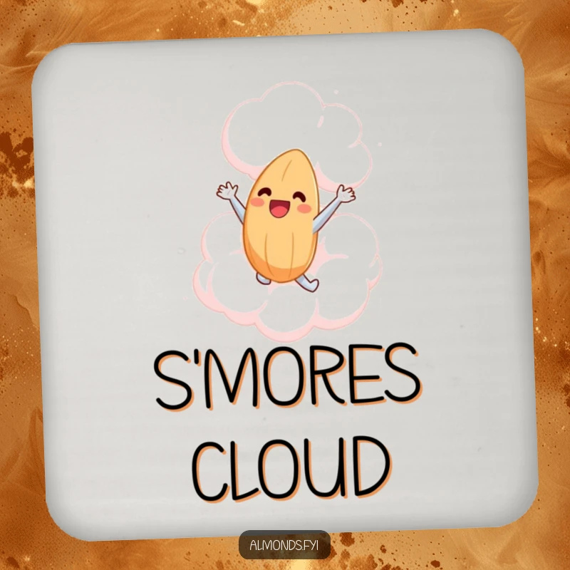 Funny drink coaster showing a happy almond character leaping into a giant marshmallow cloud, adding a humorous touch to any table.