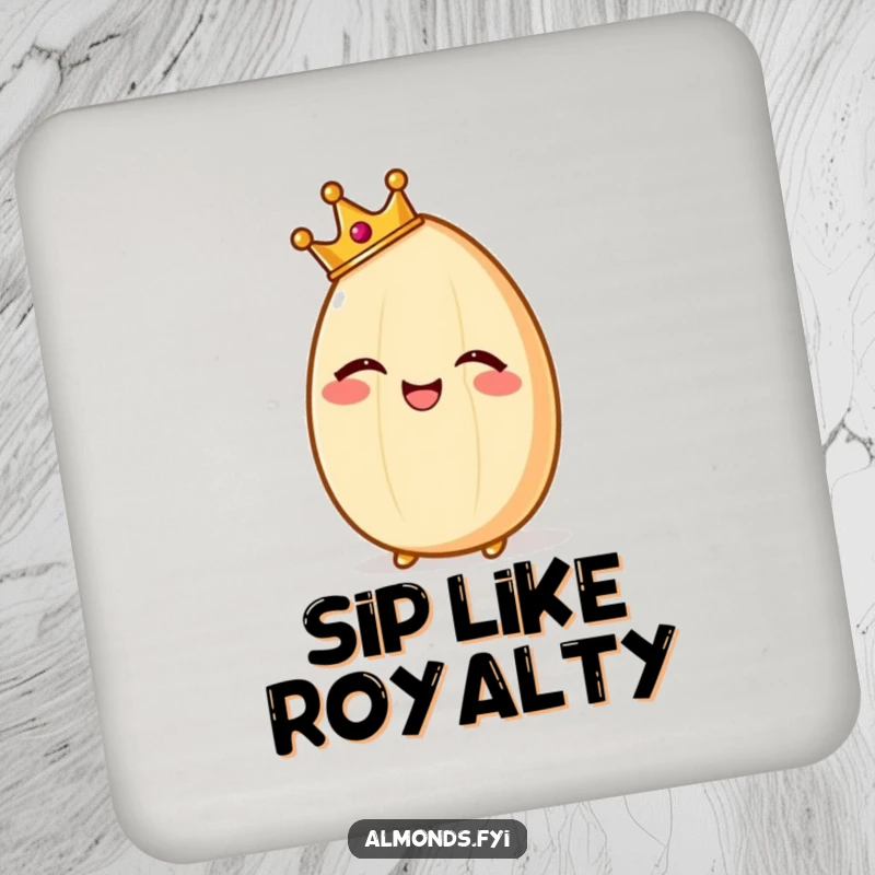 Funny drink coaster showcasing a giggling almond character wearing a diminutive crown, looking regal and protective.