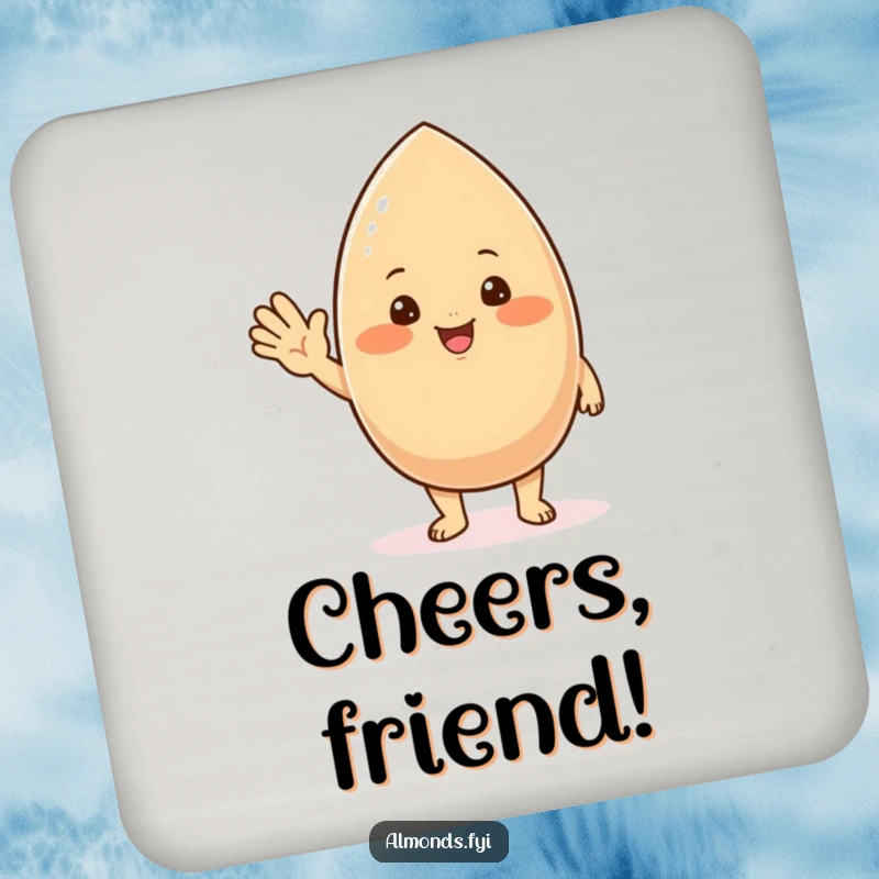 Funny drink coaster featuring a chubby, blushing almond character offering a friendly wave, adding cheerful humor.