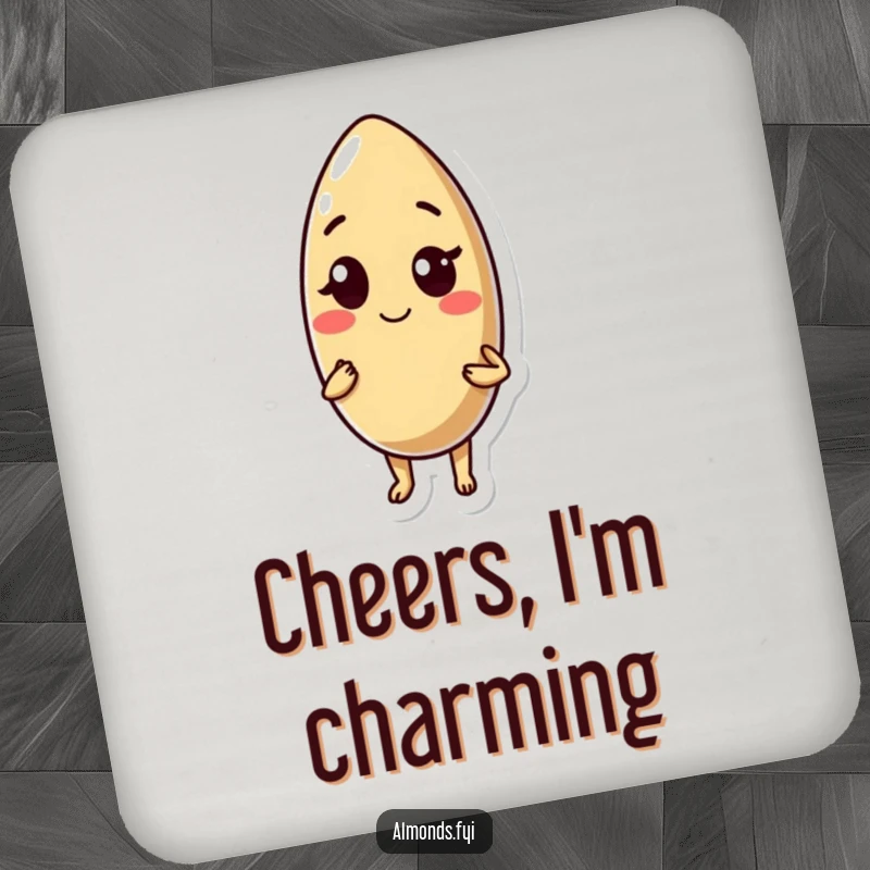 Funny drink coaster: confident almond character winks playfully, protecting your surfaces with a touch of cool attitude.