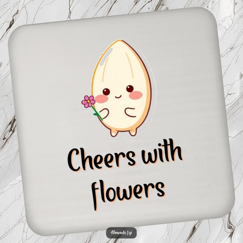 Funny drink coaster showing a happy almond character with rosy cheeks holding a tiny flower, adding a humorous touch to any table.
