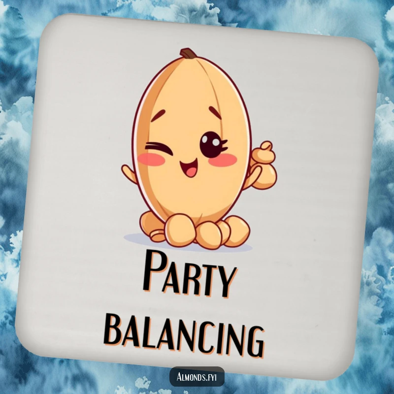 Funny drink coaster featuring a mischievous almond character winking while balancing a miniature stack of tiny nuts.