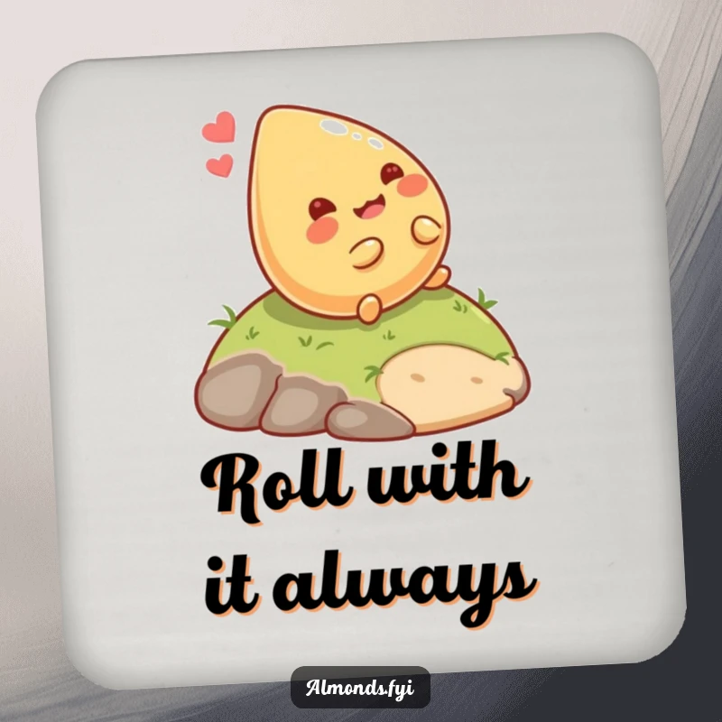Funny Rolling Almond Coasters: Giggling almond character happily rolling down a hill, protecting surfaces with humor. Excellent funny gift.