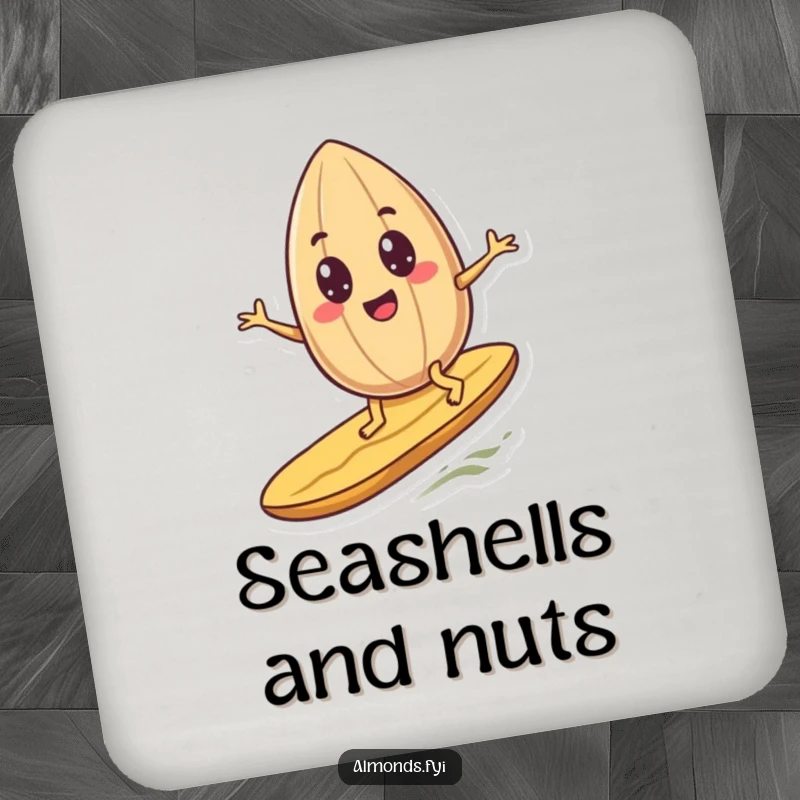 Funny googly-eyed almond character humorously surfing a peanut on a drink coaster, adding a splash of fun to any table.