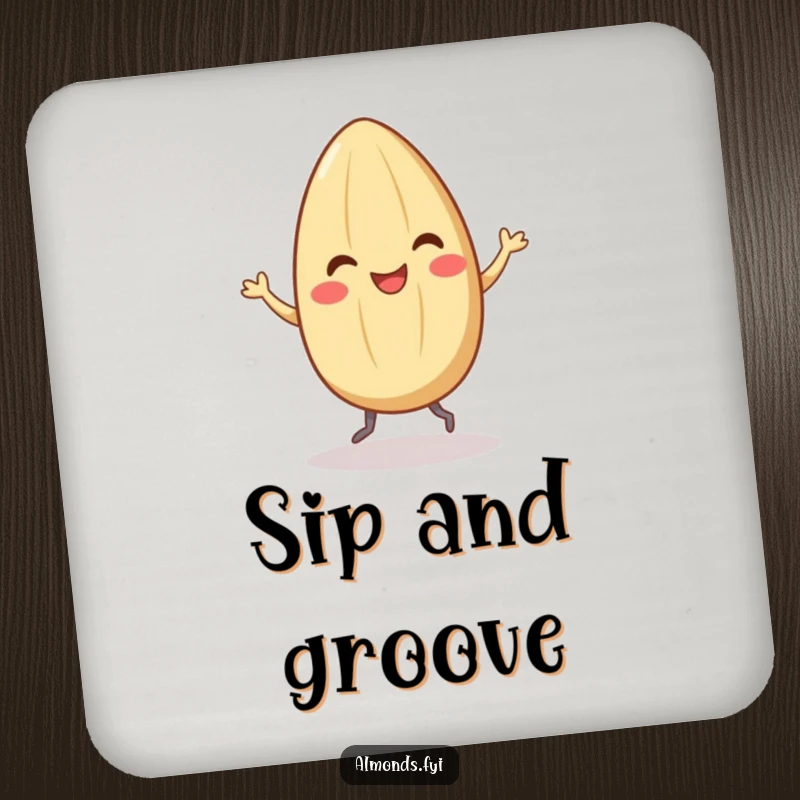 Funny coaster with a smiling almond character doing a happy dance with tiny legs, perfect for adding a humorous and protective element to drink service.