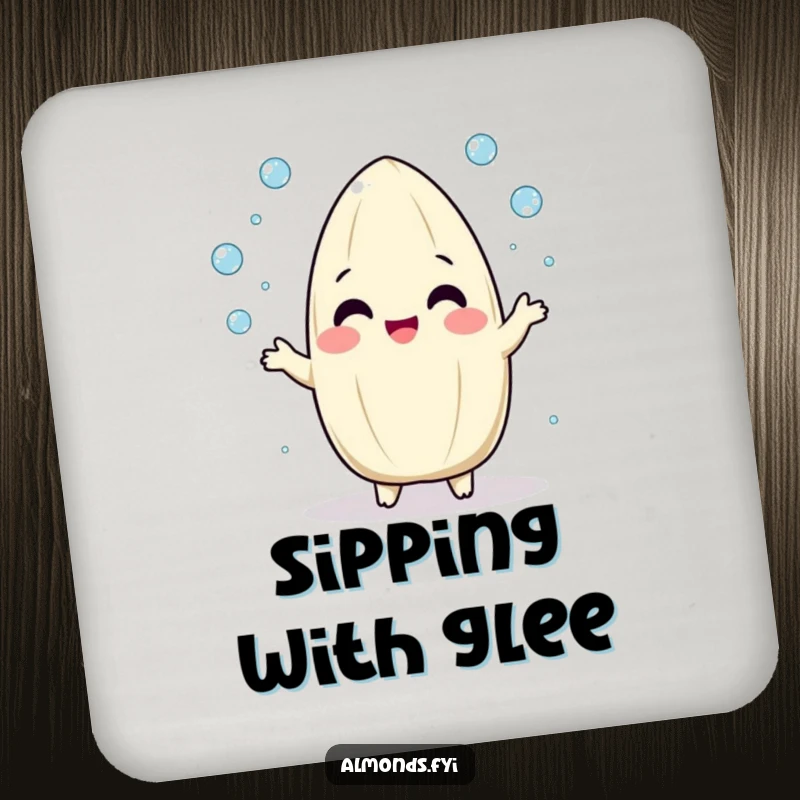 Funny drink coaster with a playful, round almond character gleefully juggling tiny dew drops, adding whimsical charm.