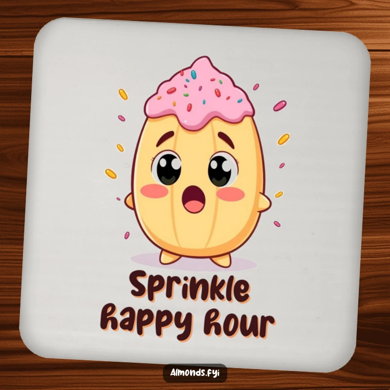 Funny coaster depicting a joyful almond character with wide eyes, surprised by a giant sprinkle, adding sweet humor to tabletops.
