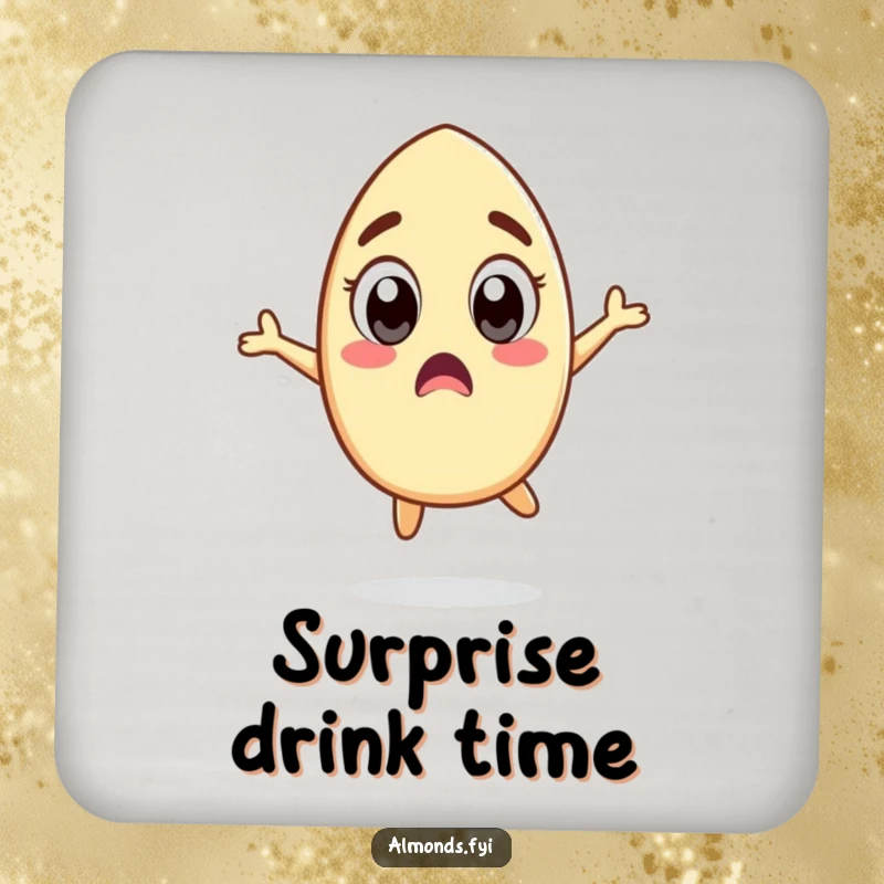 Funny drink coaster depicting a surprised almond character with wide eyes doing a silly jump, protecting surfaces with comical shock.