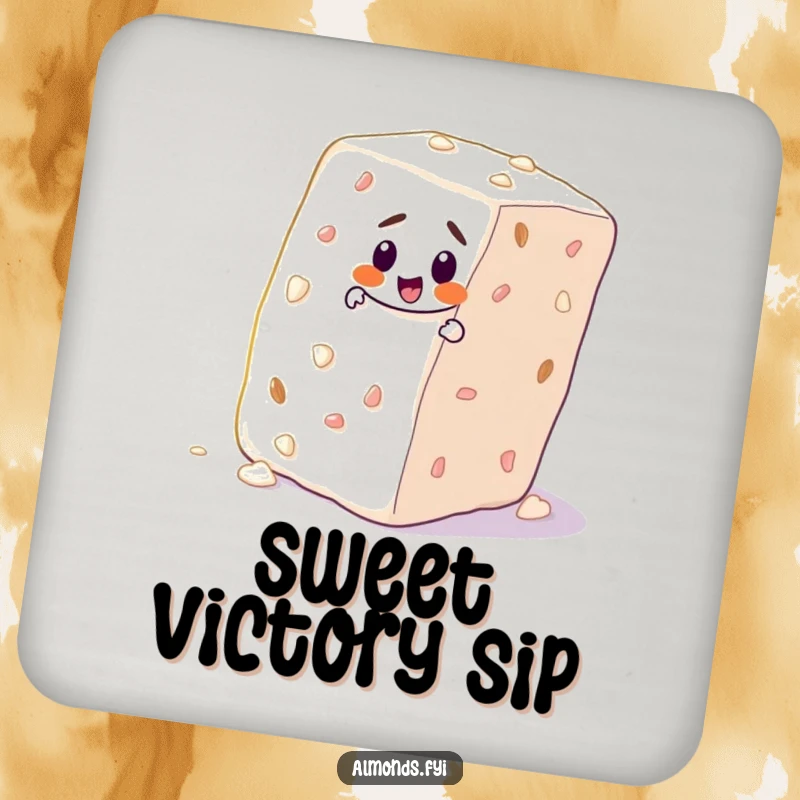 Funny drink coasters featuring a determined almond character climbing a sugar cube, adding a humorous touch to beverage protection.