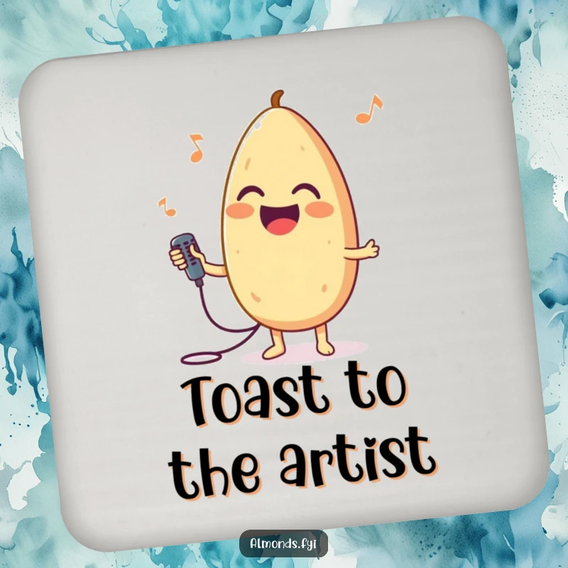 Funny drink coaster showcasing a joyful almond character holding a small microphone, looking ready to belt out a tune.