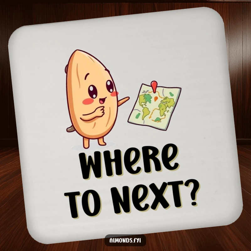 Funny drink coaster featuring a curious almond character pointing excitedly at a miniature, stylized treasure map.