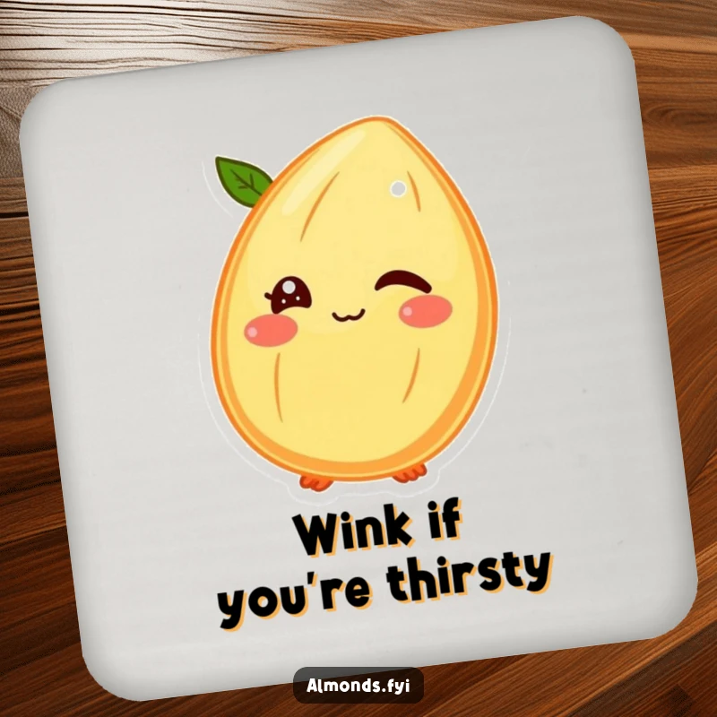 Funny drink coaster showcasing a winking almond character with its shell face, adding a touch of playful humor to drink protection.