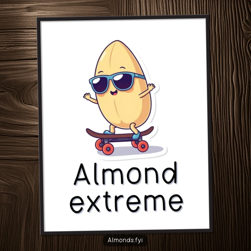 Funny poster art of a smiling almond character wearing sunglasses, cruising on a tiny skateboard, adding a cool vibe.