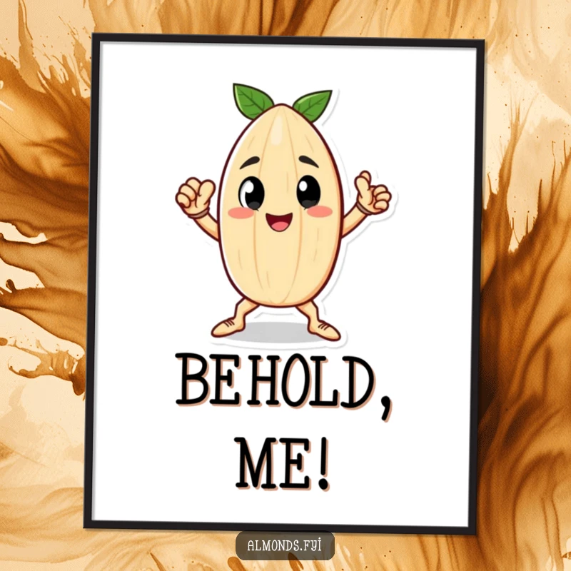 Funny poster of a happy little almond character standing in a strong, heroic pose, inspiring greatness.