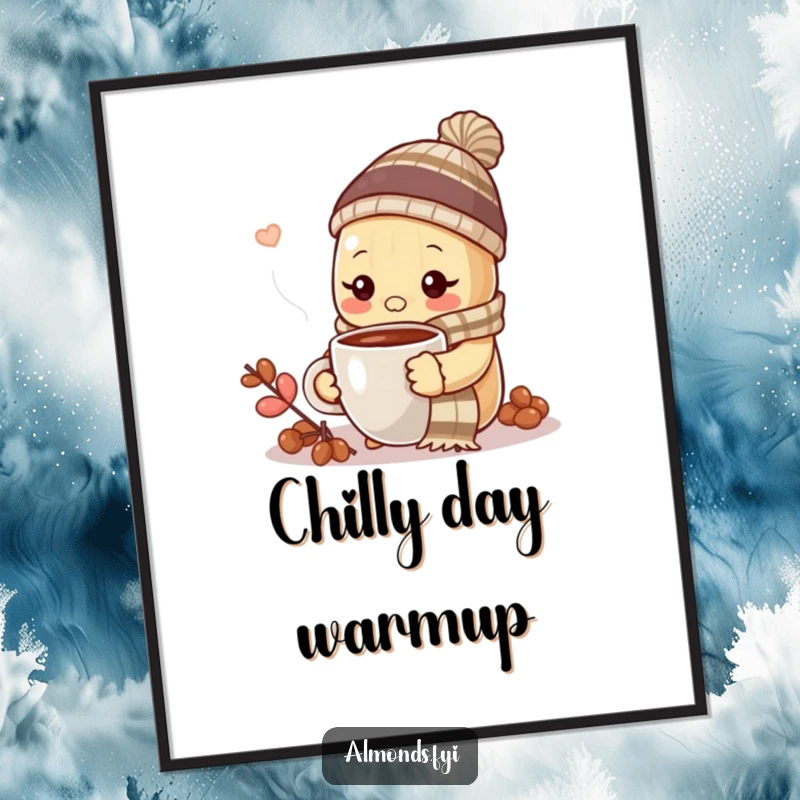 Funny almond wearing a scarf and hat, enjoying hot coffee, as a poster print.