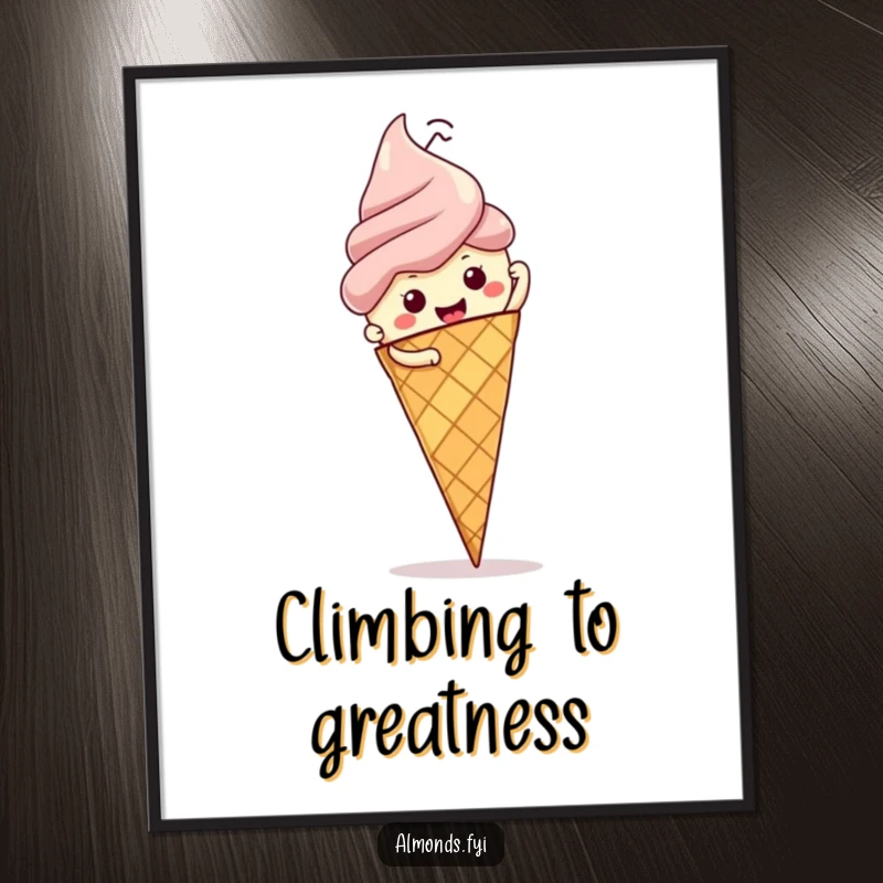 Funny poster: determined almond character making a daring ascent up a giant, tempting ice cream cone, embodying ambition.