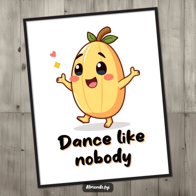 Funny Poster showcasing a giggling almond character in a funny dance, radiating pure joy and humorous motion.
