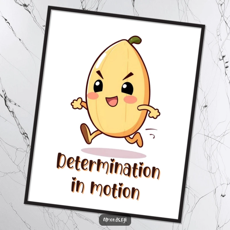 Funny Sprinting Almond Poster: An excited almond character with a determined face, sprinting forward with intensity. Perfect funny gift.