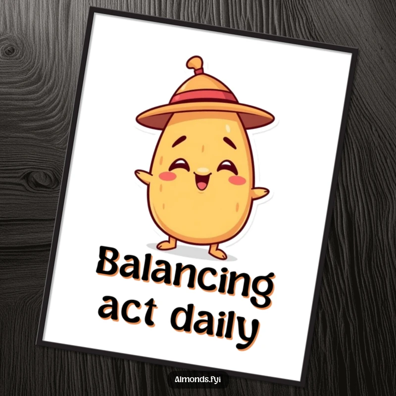 Funny poster of a mischievous almond character trying to balance a tiny hat, perfect for adding whimsical decor.