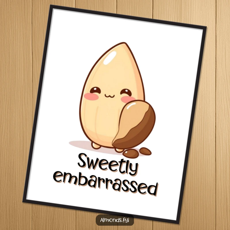 Funny poster: shy almond character blushing behind a large chocolate chip, embodying sweet vulnerability and innocence.