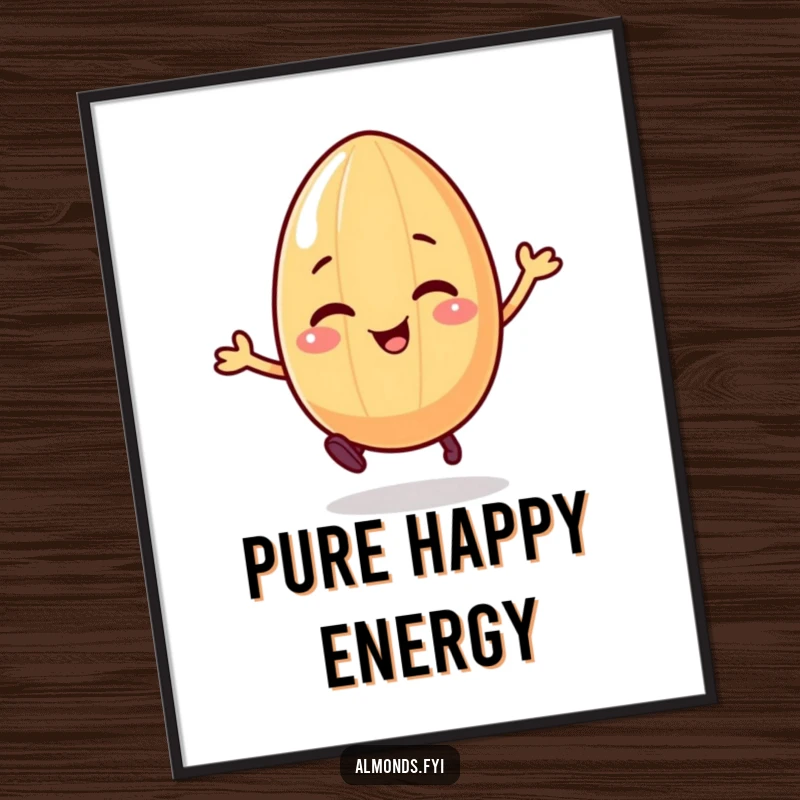 Funny poster art of a giggling almond character on legs, energetically bouncing, radiating happiness and fun.