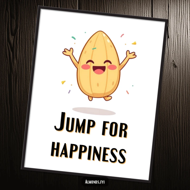 Funny poster featuring a cheerful almond character jumping with colorful sprinkles, perfect for adding vibrant, joyful decor.