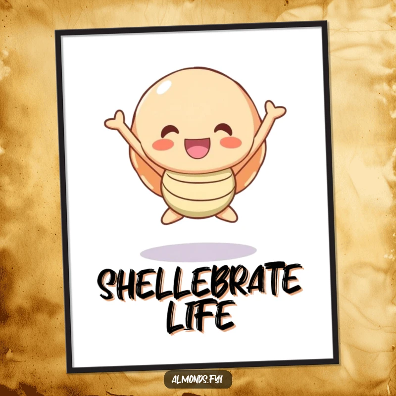 Funny Poster: A happy shell character depicted in a spirited jump, radiating pure joy and optimism.