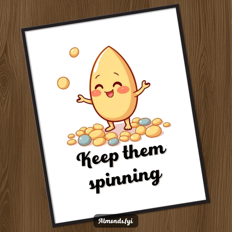 Funny poster of a giggling almond character juggling small, round pebbles, adding cheerful energy to walls.