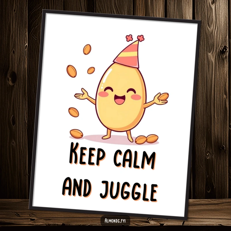 Funny poster art of a happy almond character wearing a party hat, juggling smaller almonds, perfect for adding festive cheer to any room.