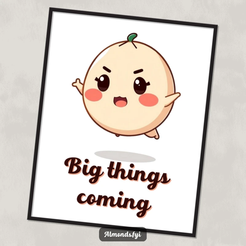 Funny poster of a determined, round almond character with a focused expression, captured mid-pose, ready to leap.