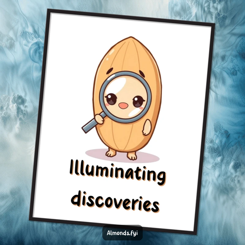 Funny poster art of a curious almond character peering through a magnifying glass, representing detailed observation and humor.