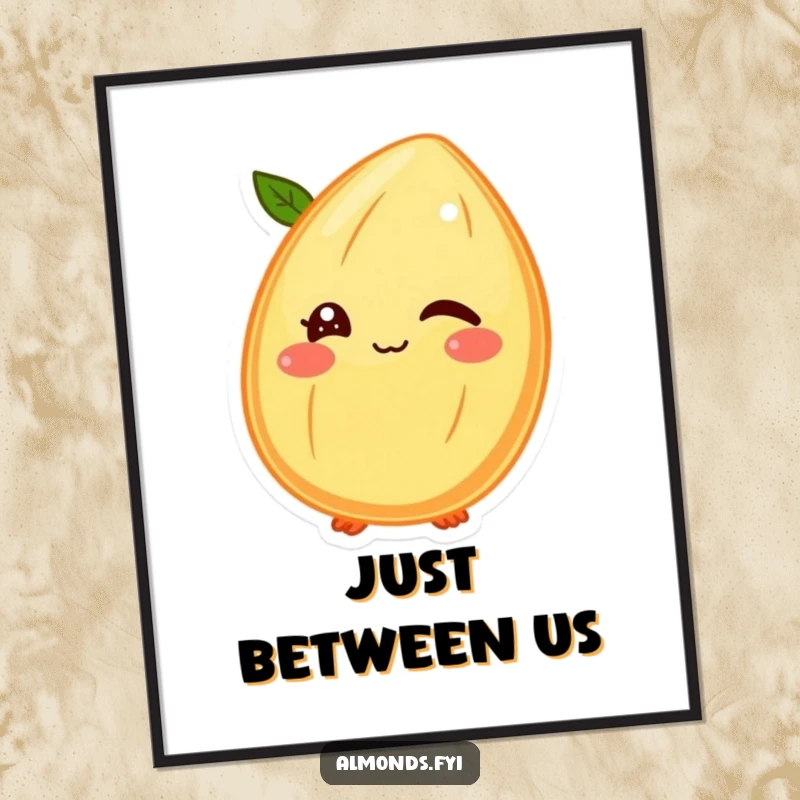 Funny poster art of a winking almond character with its shell face, radiating playful secrets and cheeky charm humorously.