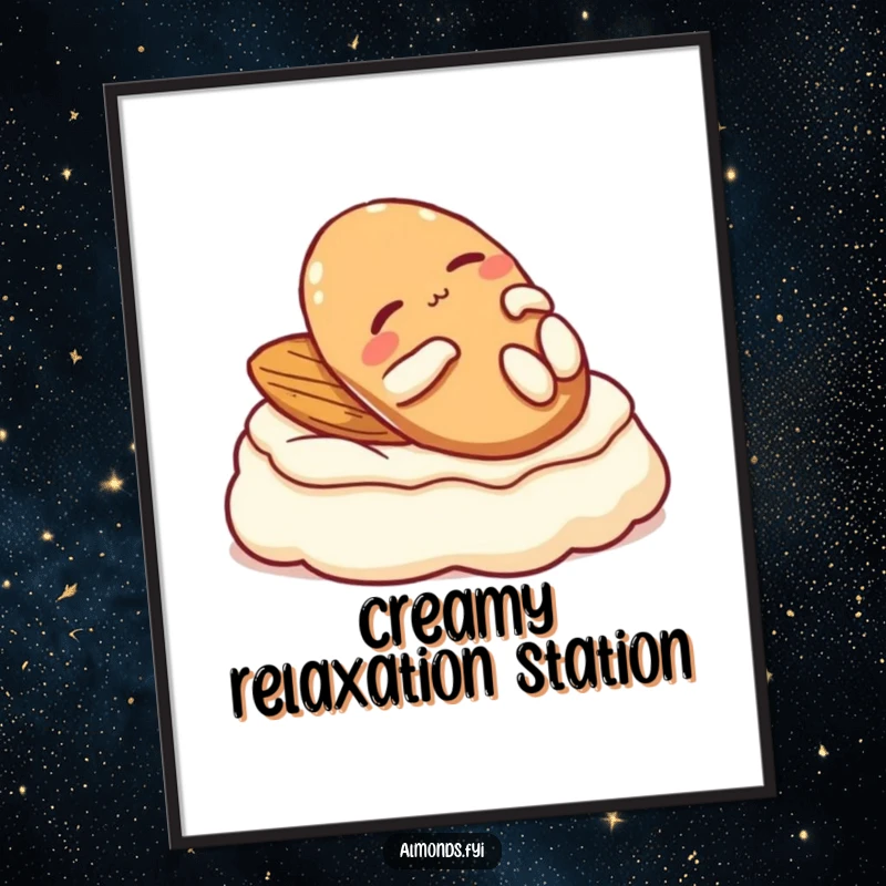 Funny poster: A content almond character lounging on a generous dollop of cream, embodying ultimate relaxation.
