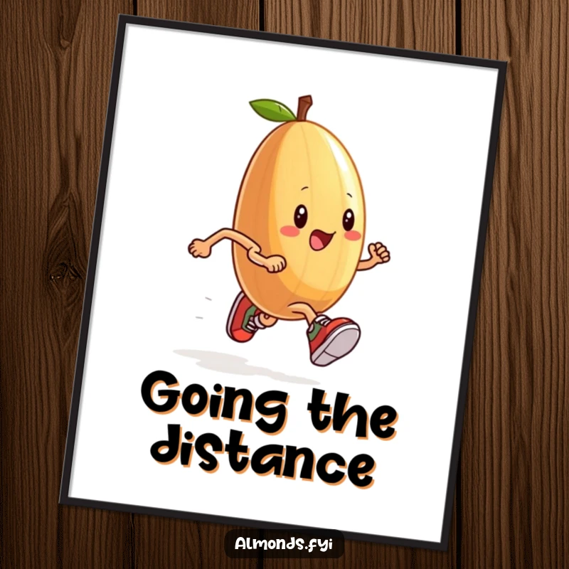 Funny poster of an anthropomorphic almond in tiny sneakers running a race, capturing the spirit of competition and humor.