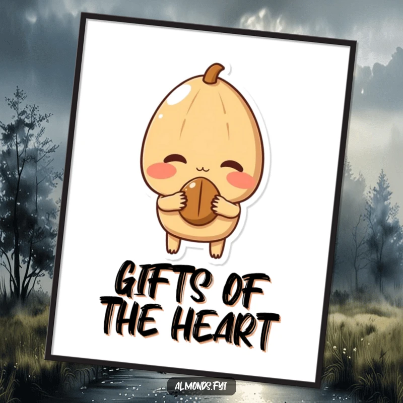 Funny Poster depicting a shy almond character blushing red while offering a small nut, a heartwarming visual of sweet affection.