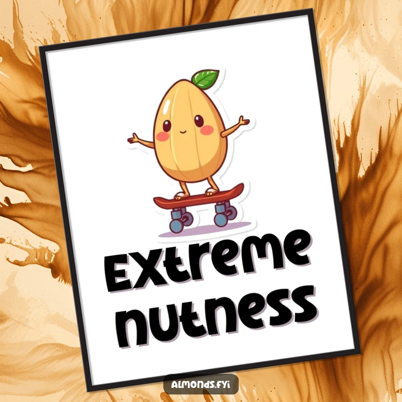 Funny poster art of a whimsical almond character balancing on a tiny skateboard, conveying motion and fun.