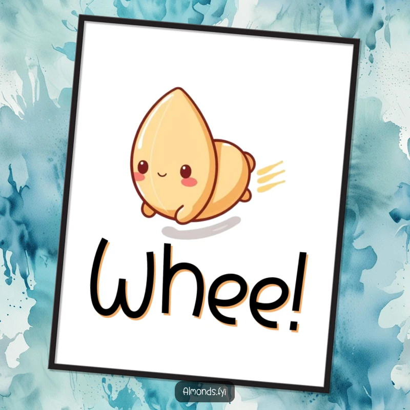 Funny poster of a playful almond character sliding at high speed down a polished surface, conveying exhilaration and fun.