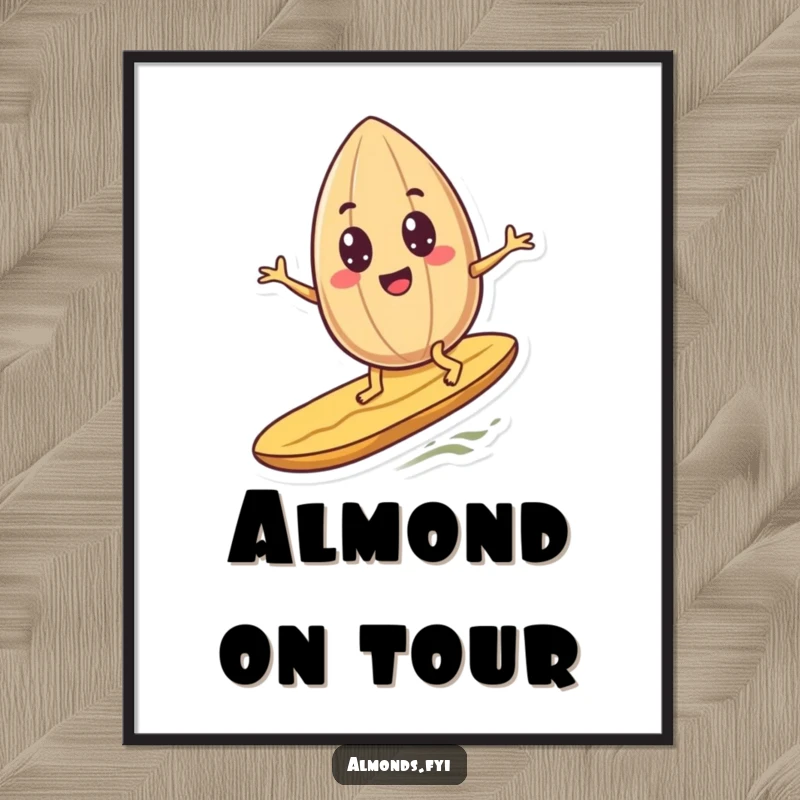Funny googly-eyed almond character joyfully surfing a peanut, presented as a vibrant and humorous art print for wall decor.