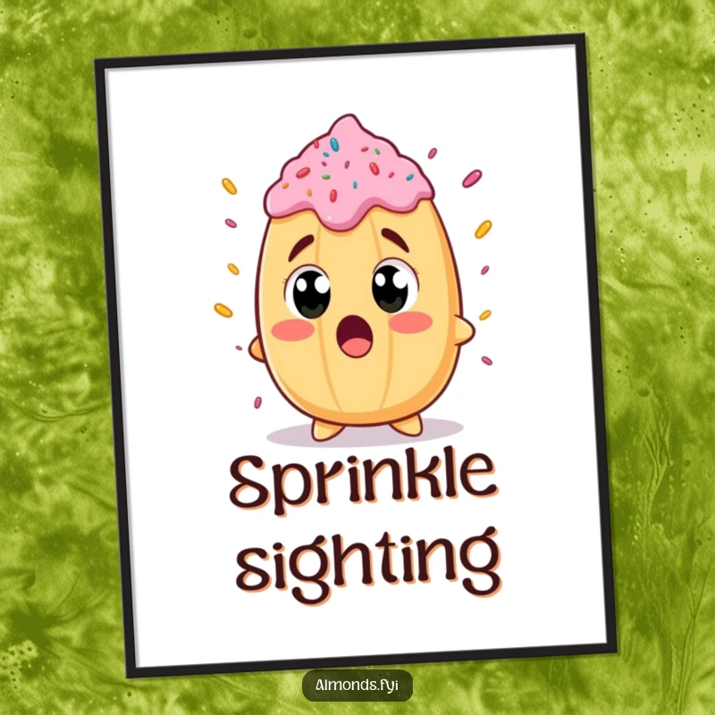 Funny poster print of a surprised almond character with wide eyes, staring in amazement at an oversized, vibrant sprinkle.